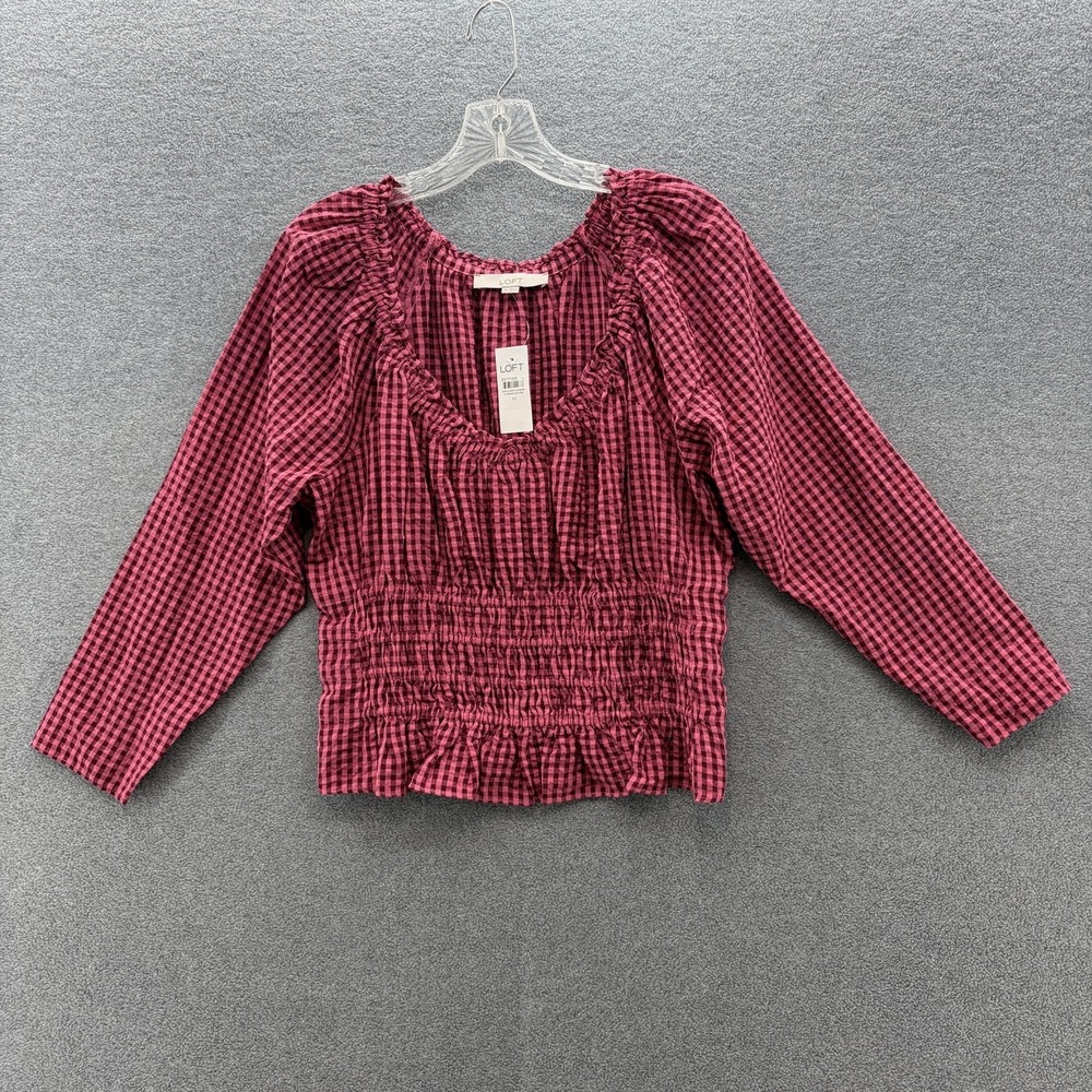 Crop Top Women Medium Pink Gingham Smocked Waist Ruffle Hem Cottage Peasant Boho